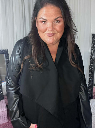 Vegan Leather and Ponte Drape Front Jacket