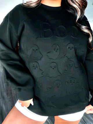 Black Embossed ghost sweatshirt with word BOO.