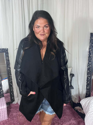 Vegan Leather and Ponte Drape Front Jacket