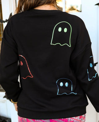 Back view of a black sweatshirt with different color sequin ghosts.