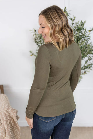 Back view of the Alyssa Long Sleeve Top in olive. Shows the fitted silhouette and smooth finish of the rayon-spandex blend, ideal for comfy mom style and layering.