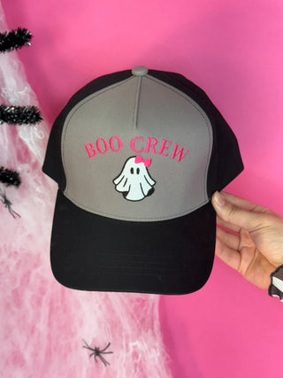 Black and gray canvas snapback hat with pink embroidered “Boo Crew” and GiGi the Ghost design; adjustable fit for playful Halloween style.