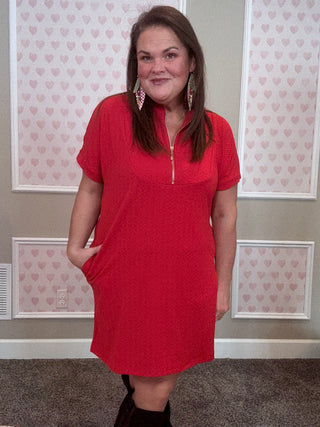 Ezra Textured Zipper Dress – Red