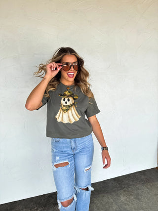 Faded olive boxy-fit camo ghost graphic tee made from soft 100% ring-spun cotton, featuring a relaxed fit and mid-length cut for casual, everyday wear.