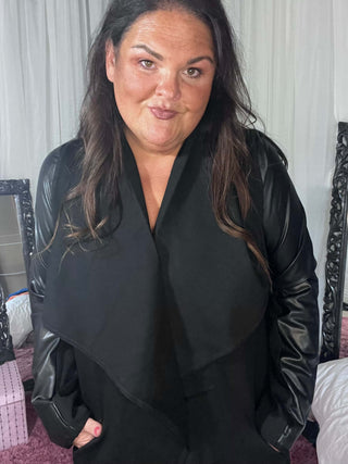 Vegan Leather and Ponte Drape Front Jacket