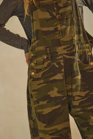 Camouflage overalls worn by a person on a plain background