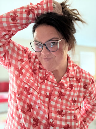 Close-up view of the soft fabric and cute ruffle details of the Cuter Than Cupid Pajama Set.