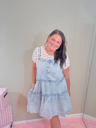 Downhome Darlin' Overall Tiered Denim Dress – Versatile tiered denim dress with adjustable overall straps, perfect for layering over tops and tees.