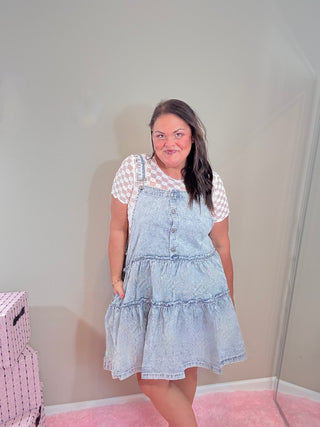 Layered Denim Dress - Overall Style – Downhome Darlin' Denim Dress with a tiered design, perfect for styling over tops, blouses, or sweaters.