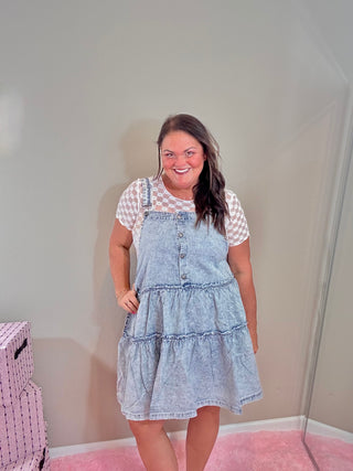 Overall Style Tiered Denim Dress – Downhome Darlin' Denim Dress with a tiered skirt, adjustable straps, and a lightweight cotton-Tencel blend.