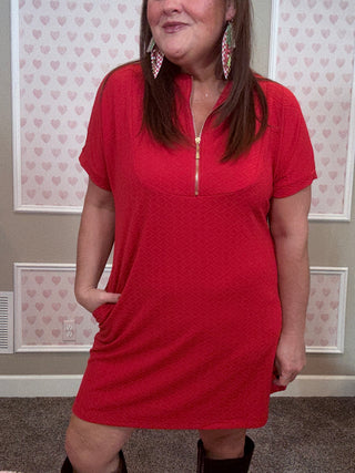 Ezra Textured Zipper Dress – Red