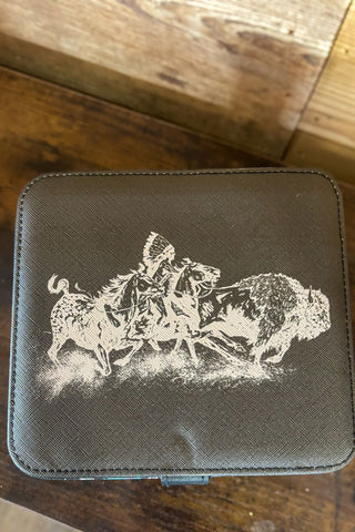 Exterior of compact jewelry box with soft pastel western-inspired design—perfect for travel.