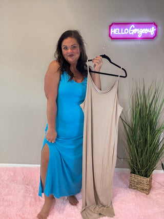 Woman wearing the Hannah Maxi Dress, styled for an elegant, flattering look perfect for any occasion.