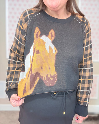 Person wearing a sweater with a horse design and plaid sleeves.