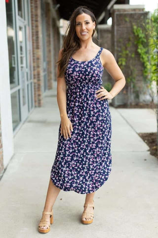 Reagan Ribbed Midi Dress - Navy and Magenta Floral