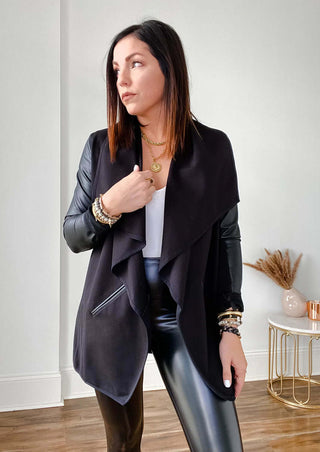 Vegan Leather and Ponte Drape Front Jacket