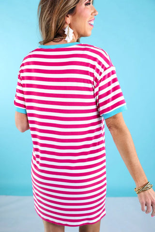 Back view of Hot Pink Stripe T-Shirt Dress showing lightweight, breezy fabric and easy silhouette.