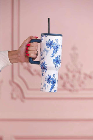 Blossom Floral Tumbler featuring a blue floral print and 40oz capacity for stylish hydration on the go.