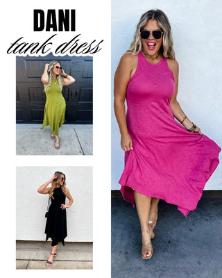 Model wearing Asymmetric Hem Dani Tank Dress with raw edge details and breezy, relaxed fit, pink, green, and black.