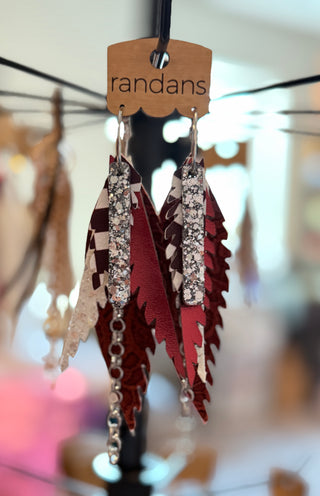 Feather-shaped earrings with rhinestones hanging on a 'randans' branded card.