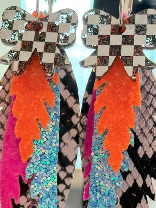 neon and checkered print earrings