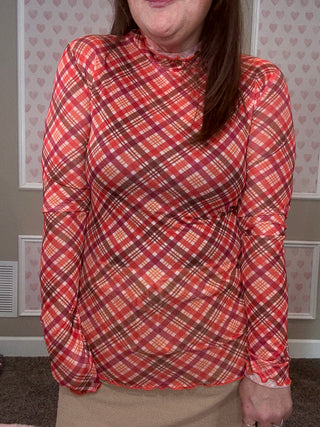 Sheer plaid mesh long-sleeve top with mock neckline and lettuce hem detailing — soft, stretchy, and perfect for layering for fall style.