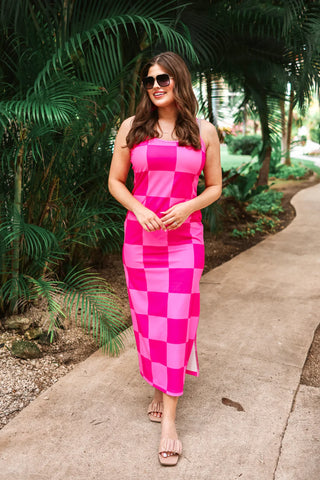 Pink Checked Out Checkered Dress styled with accessories for a bright, fun, and chic outfit perfect for day outings.