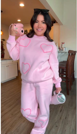 Woman wearing the Haley Ultra Soft Heart Jogger Set, styled casually for a comfortable, playful look.