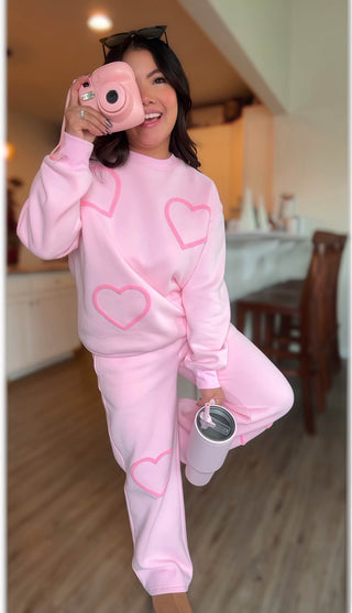 Woman wearing the Haley Ultra Soft Heart Jogger Set, styled casually for a comfortable, playful look.