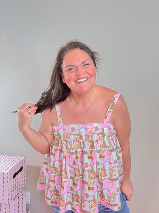 Summer Western Sleeveless Top - Boot Pattern – Rodeo Ruffle Sleeveless Top with a playful boot design and soft, comfortable cotton fabric.