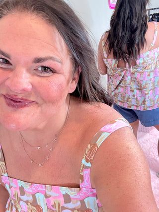 Cowgirl Boot Pattern Sleeveless Top – Rodeo Ruffle Sleeveless Top with a fun boot design, breathable cotton feel, and flowy fit.