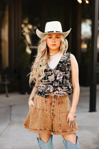 Western-inspired patterned flowy shorts with elastic back waistband. Soft, stretchy fabric designed for comfort and easy movement.