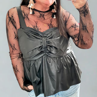 Rodeo Ribbon Midnight Peplum Tank styled with accessories for a versatile, flattering outfit perfect for casual outings or a chic night out.