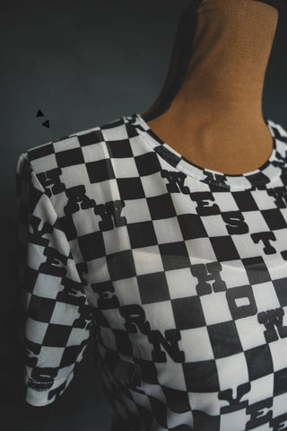 Lightweight mesh checkered top with western slang details, perfect for layering.