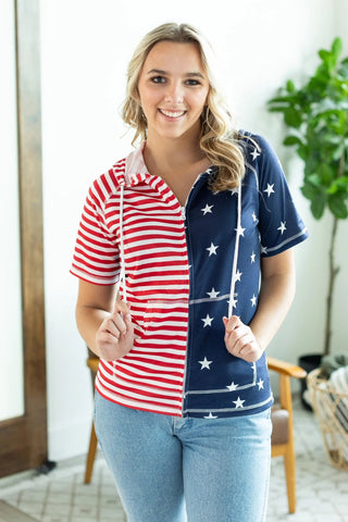 Model wearing Short Sleeve Zip-Up Hoodie featuring stars and stripes design with lightweight, breathable fabric.