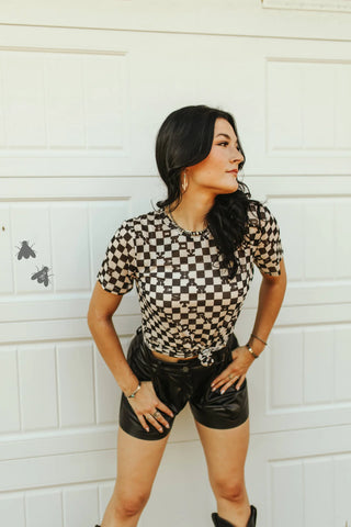 Lightweight mesh checkered top with western slang details, perfect for layering.