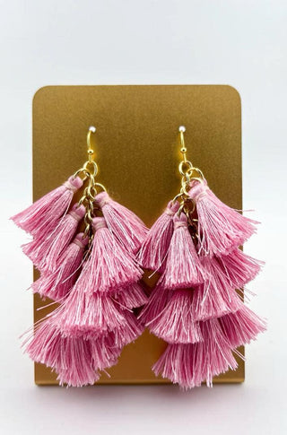 Light pink Bella Tassel Earrings featuring soft pastel tassels for a romantic, girly touch.