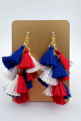 Bella Tassel Earrings in red, white, and blue—perfect for adding festive flair to your patriotic style.