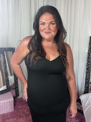 Bridgette Bodycon Ribbed Dress styled with accessories for a versatile, flattering look perfect for any occasion.