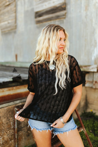 Cowtown Cutesy Lace Top - Floral Western Style – Feminine floral lace top with a thin tank liner, soft, stretchy fabric, and a touch of cowboy charm.