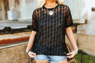 Lace Western Top - Cowtown Cutesy Midnight – Romantic floral lace top with a thin tank liner, perfect for layering with western-inspired outfits.