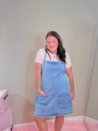 Jenna Jumper Dress - Casual Denim Layering Dress – Stretchy denim jumper dress with adjustable straps and oversized front pockets, perfect for everyday style.