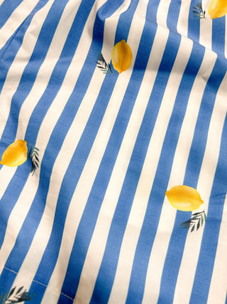 Cobalt and white striped set featuring hand-drawn lemons, perfect for summer loungewear or beachwear.