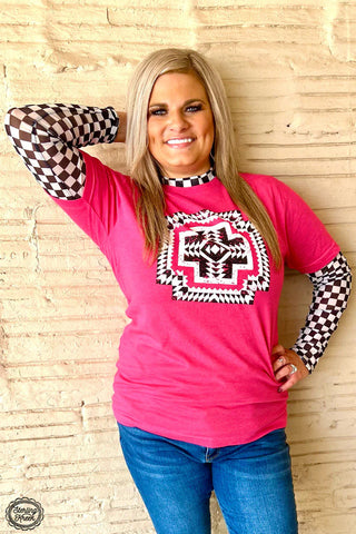 Woman wearing the Checkered Mesh Top, styled casually or dressed up for an edgy, chic look.