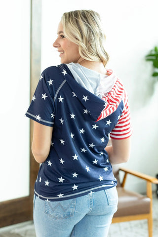 Back view of patriotic short sleeve hoodie with zip-up front—perfect for casual summer days.