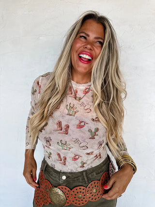 Boots & Blooms Mesh Top – Cactus & Boots
