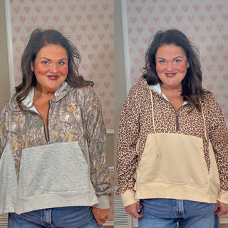Hunter half zip hoodie pullover for women available in woods camo and cheetah prints, featuring a cozy relaxed fit and soft fabric, perfect for women’s clothing, comfy mom style, and chic mom-approved looks.