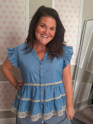 Chambray lace denim top women’s clothing v neck ruffle blouse comfy mom style feminine trendy button up top