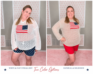 Patriotic USA flag pullover women’s clothing comfy mom style lightweight knit summer sweater oversized patriotic top in white and beige