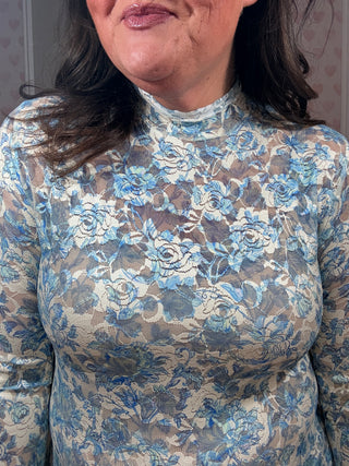 Printed lace mock neck top in soft blue tones styled for chic mom-approved spring outfit inspiration.